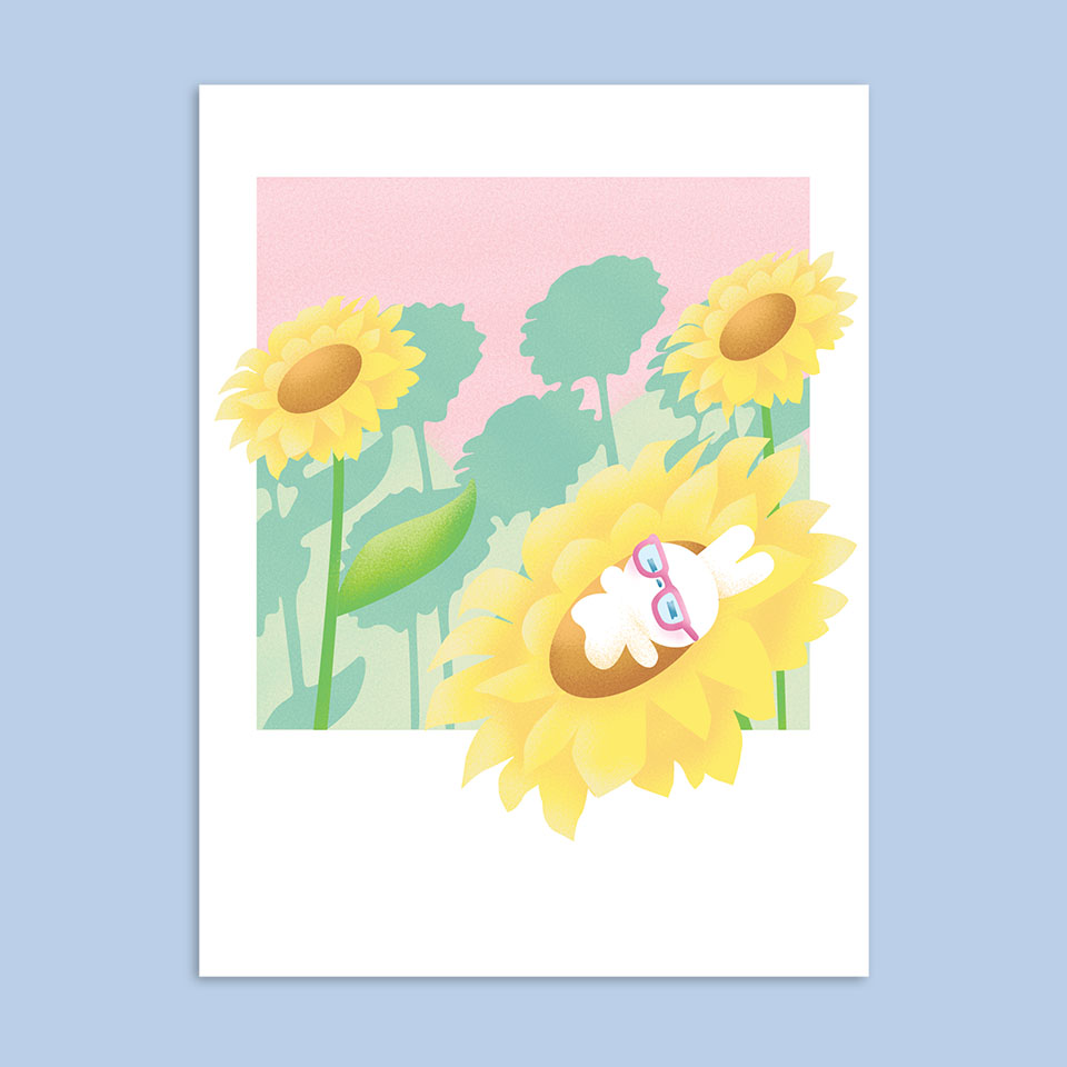 Image of a bunny on sunflowers.