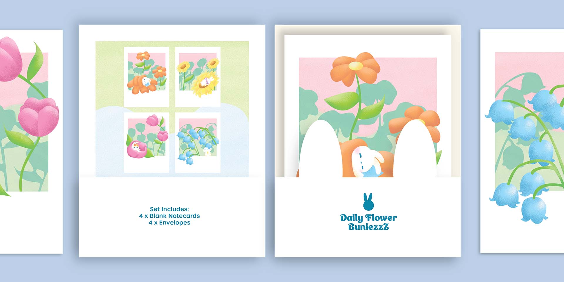 Image of a greeting card set with bunnies on flowers.