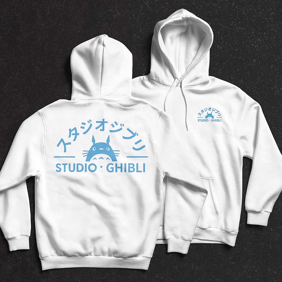 Image of two hoodies with a re-designed Studio Ghibli logo screen printed on it.